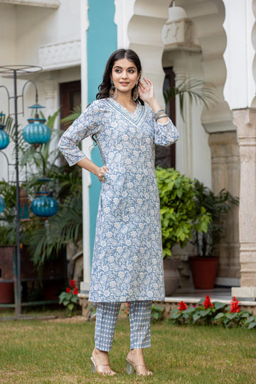 Varanga Women Grey V Neck Embroidered Kurta Paired With Printed Bottom And Dupatta